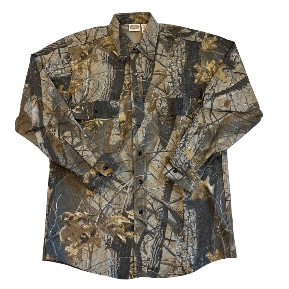 Five Brother Flannel Shirt Mens Sz Medium Brown Realtree Camo Chamois Button Up
